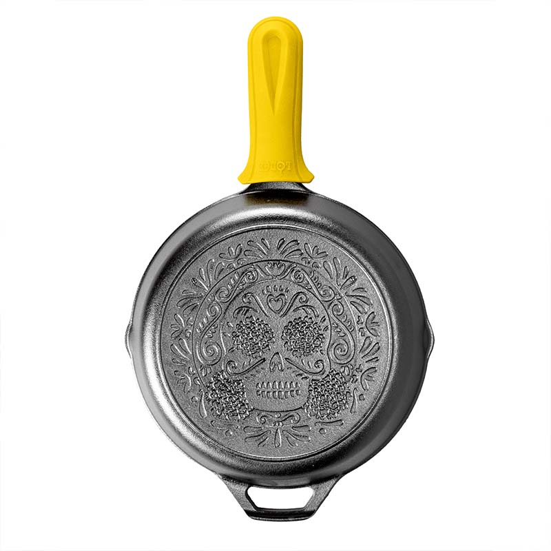 IN STOCK Seasoned Cast Iron Sugar Skull Skillet with Deluxe Handle Holder